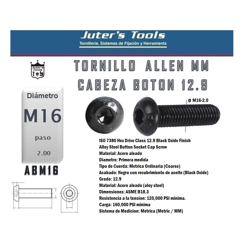 CILINDRICO BOTON M16-2.0 GRADO 12.9 CILINDRICO BOTON M16-2.0 GRADO 12.9