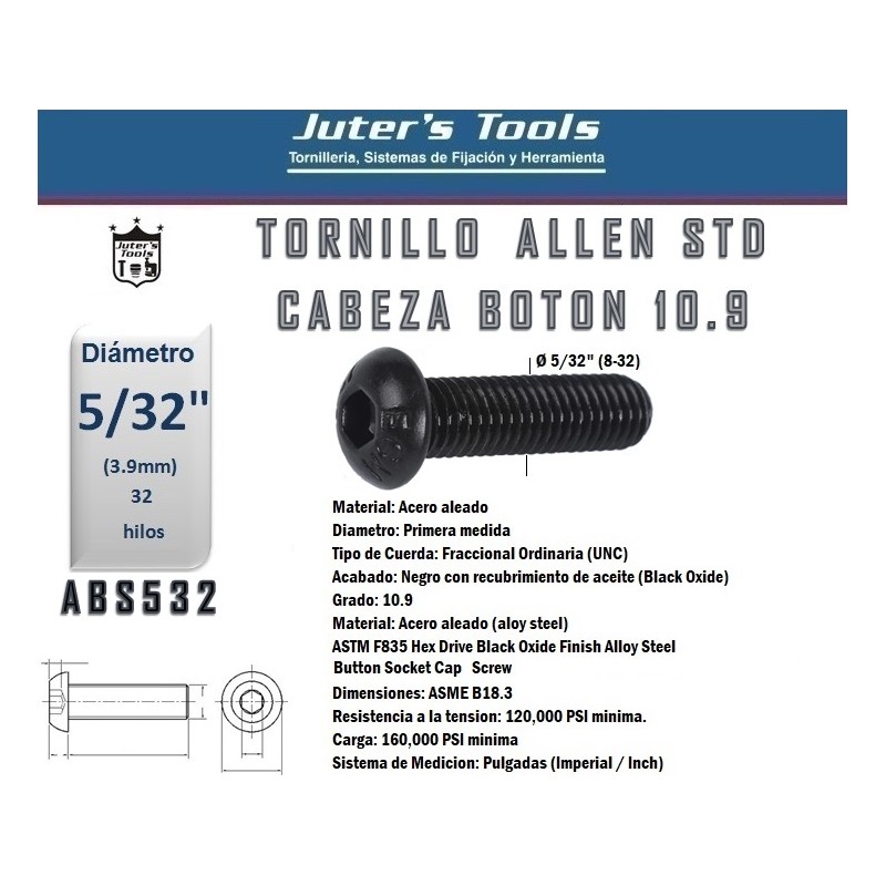 ALLEN CILINDRICO BOTON 5/32" (8-32) GRADO 10.9 ALLEN CILINDRICO BOTON 5/32" (8-32) GRADO 10.9