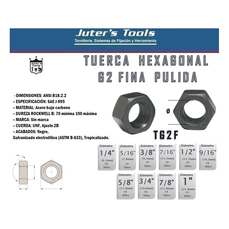 TUERCA HEXAGONAL G2 FINA PULIDA