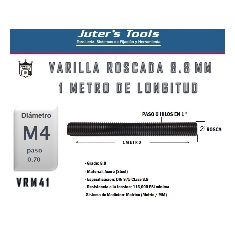 VARILLA ROSCADA METRICA 8.8 PAVONADA M4-0.70*1METRO VARILLA ROSCADA METRICA 8.8 PAVONADA M4-0.70*1METRO