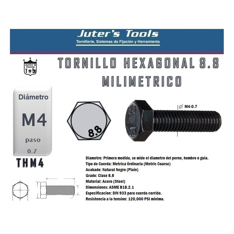 TORNILLO HEXAGONAL MILIMETRICO M4-0.70